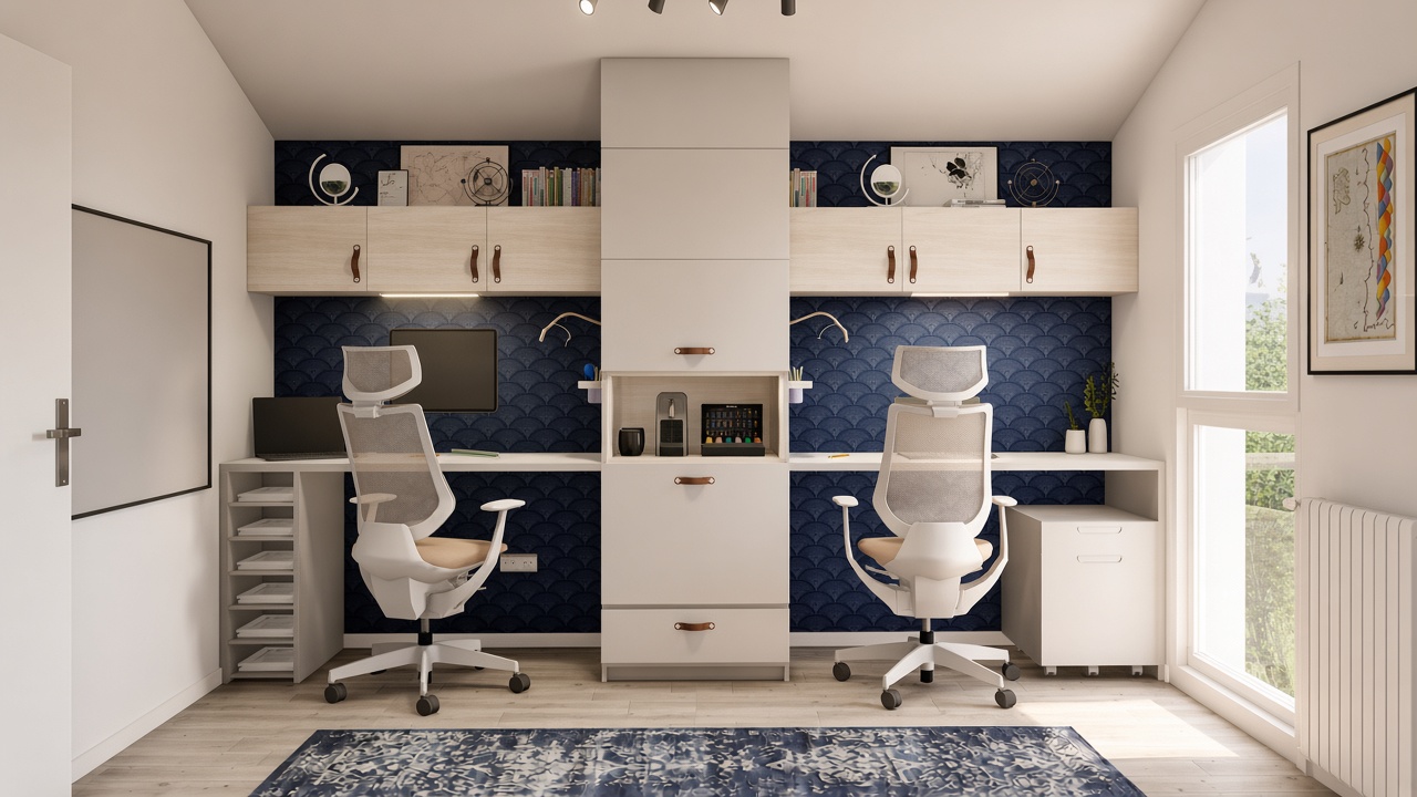 Vue frontale photoréaliste de l’aménagement du Bureau K. — Djan Studio