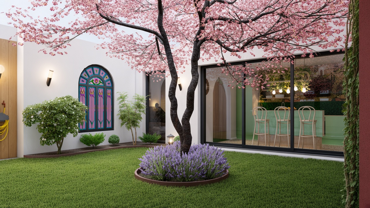 Jardin intérieur de la Maison C. avec cerisier et baie vitrée — Djan Studio