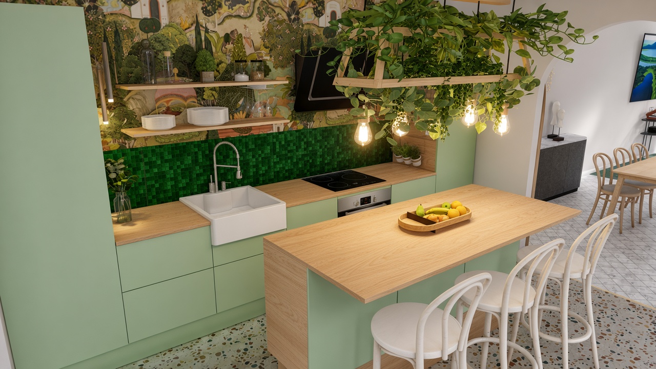 Cuisine vert menthe avec îlot et végétation de la Maison C. — Djan Studio