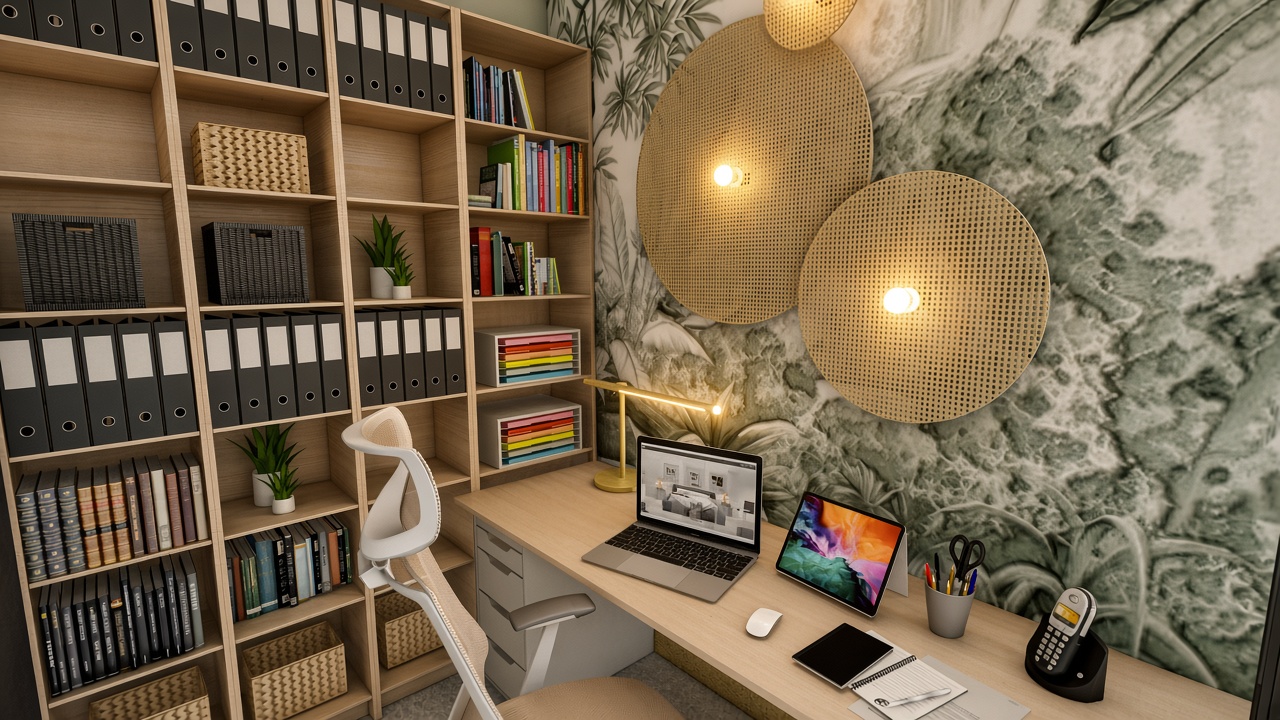 Bureau avec bibliothèque et appliques en cannage de la Maison Y. — Djan Studio