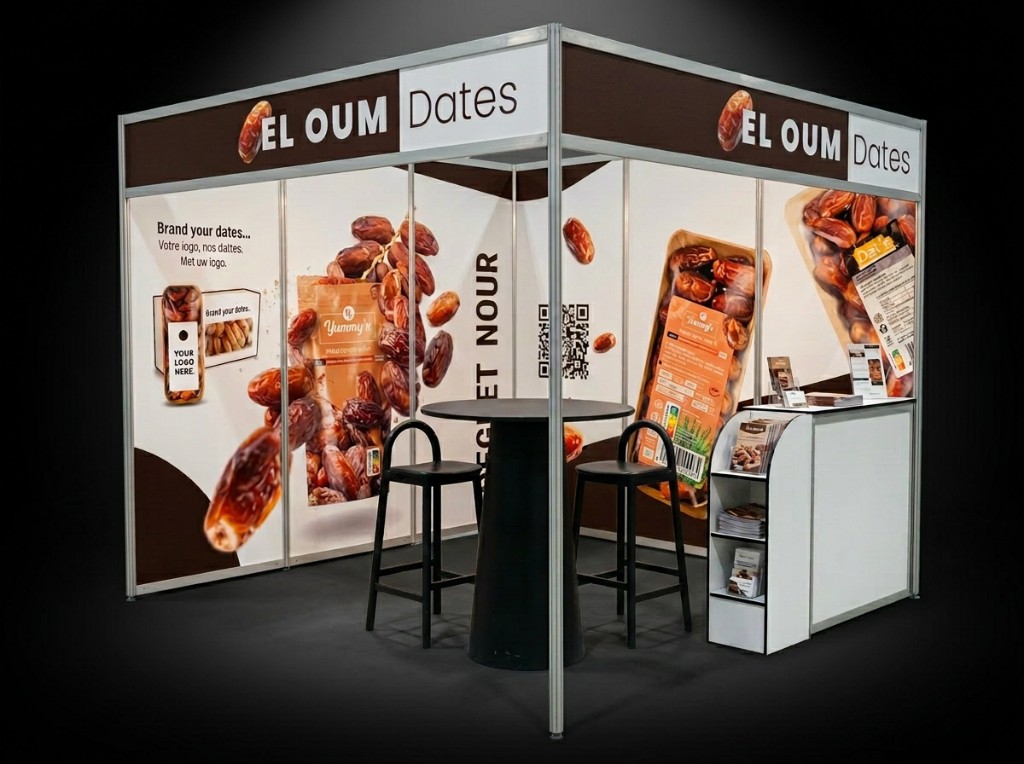Simulation 3D — stand EL OUM Dates PLMA, private label et packaging Yummy'z, Djan Studio